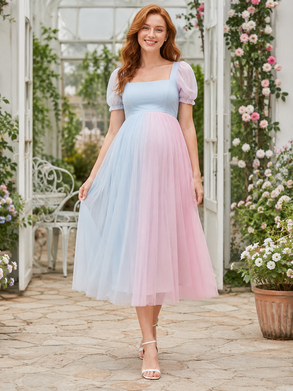 Pastel Pink Blue Puff Sleeve Tulle Midi Party Dress front view