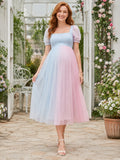 Pastel Pink Blue Puff Sleeve Tulle Midi Party Dress front view