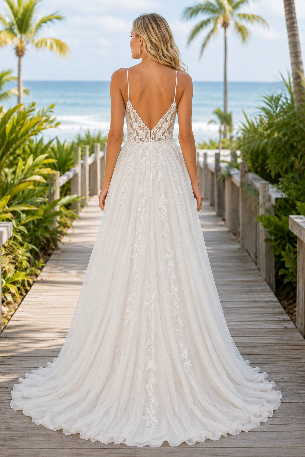 Ivory Spaghetti V-Neck Lace Tulle A-Line Wedding Dress Split Train for Wedding Ceremony and Reception Style MG_701429 back vi