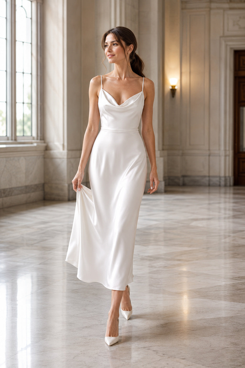 Spaghetti Strap Cowl Neck Satin Ankle-Length Wedding Dress front view