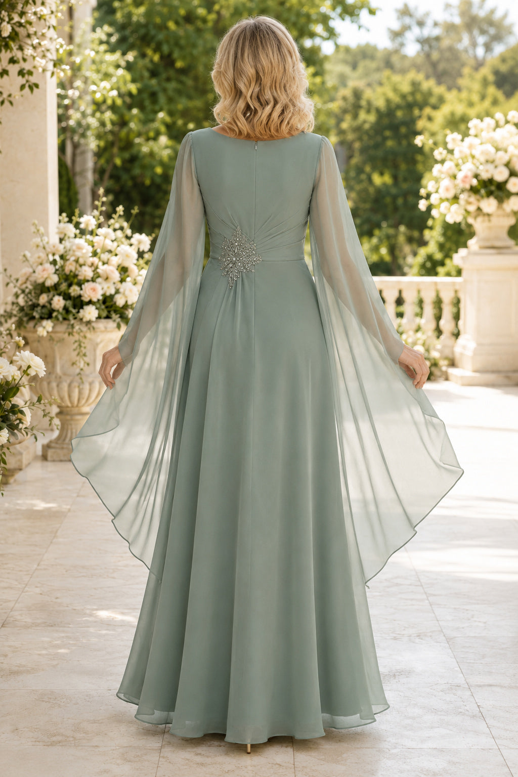 Sage V-Neck Chiffon A-Line Mother Dress with Beaded Waist and Cape Sleeves back view