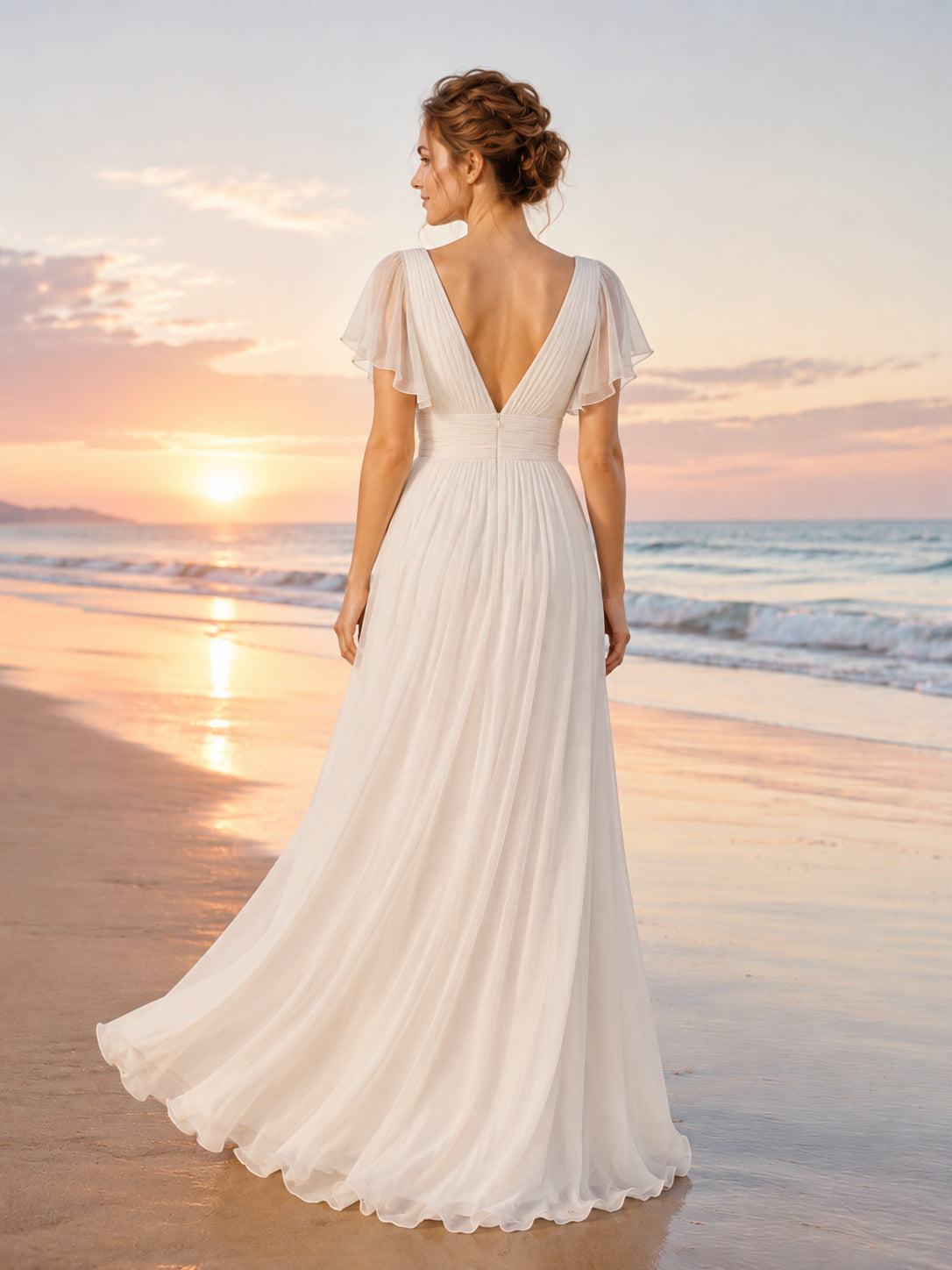 Petite Flutter Sleeve V-Neck Chiffon Beach Wedding Dress back view