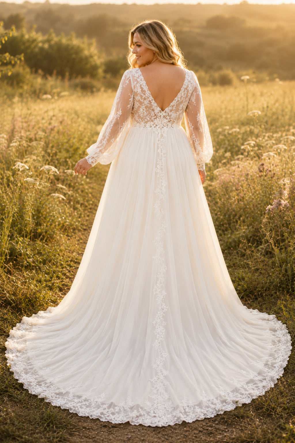 Plus Size Ivory V-Neck Bishop Sleeve Lace Tulle A-Line Wedding Dress with Lace Bodice and Soft Chiffon Chapel Train back view