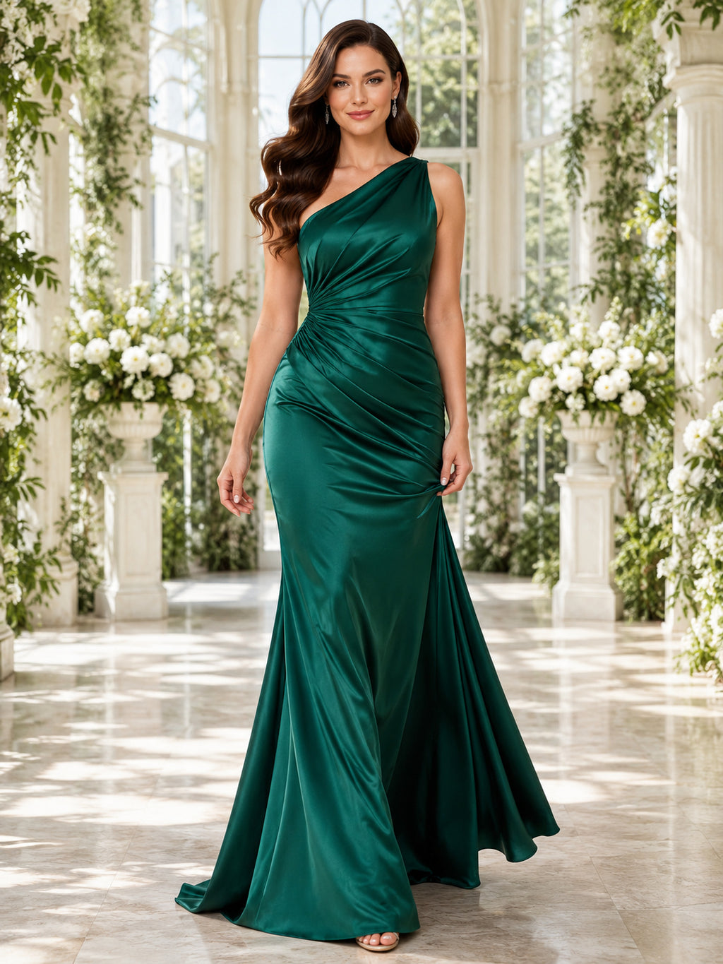 Emerald one shoulder ruched satin mermaid floor length bridesmaid gown front view