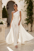 White One Shoulder Wedding Jumpsuit with Tulle Cape Train front view