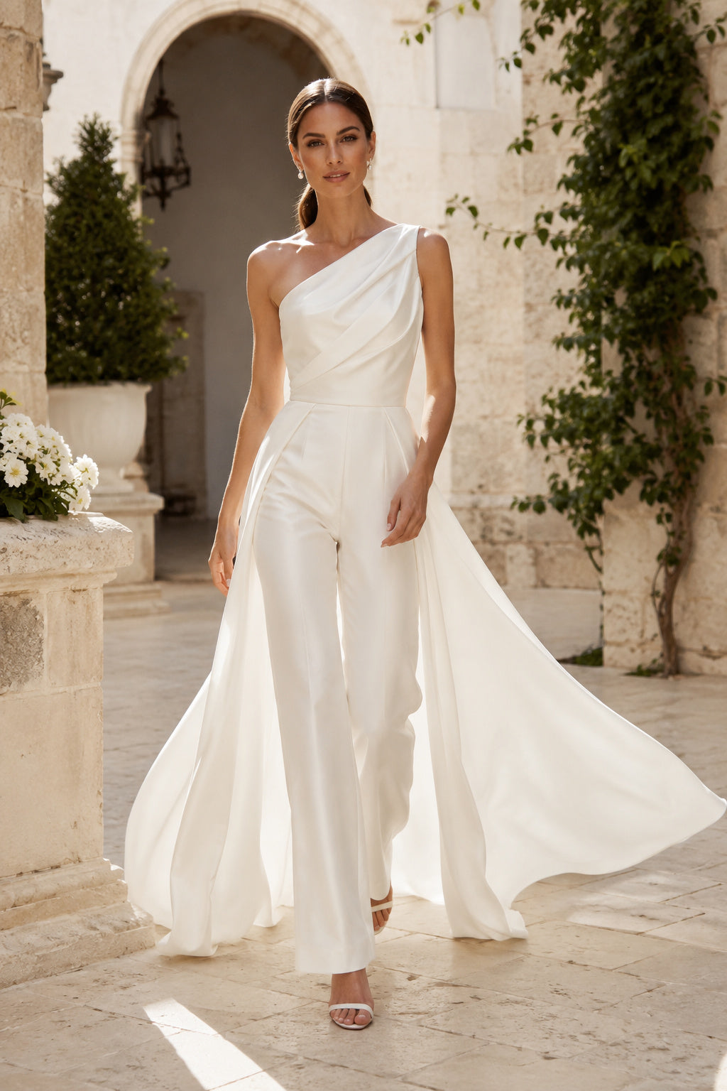 White One Shoulder Wedding Jumpsuit with Tulle Cape Train front view