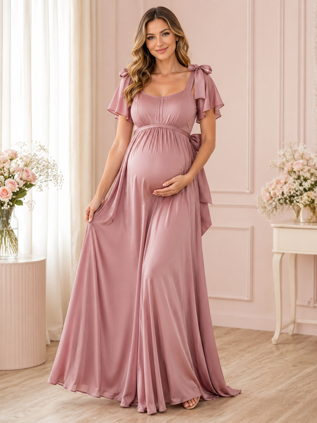 Dusty Rose Maternity Square Neck Flutter Sleeve Bow Chiffon A-Line Floor Length Dress front view