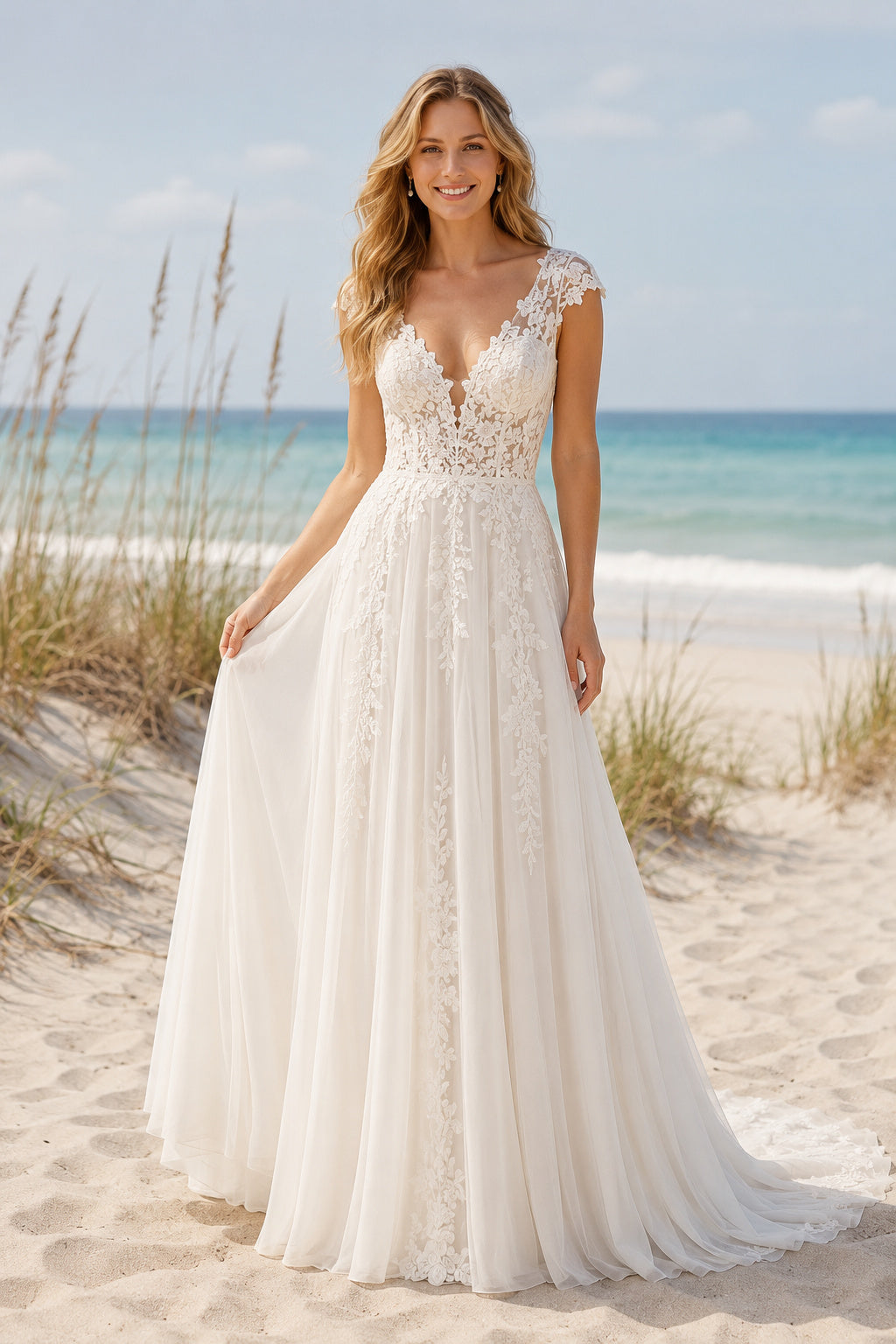 Ivory Cap Sleeve Lace A-Line Wedding Dress V-Neck Tulle Train for Bridal Ceremony and Reception front view