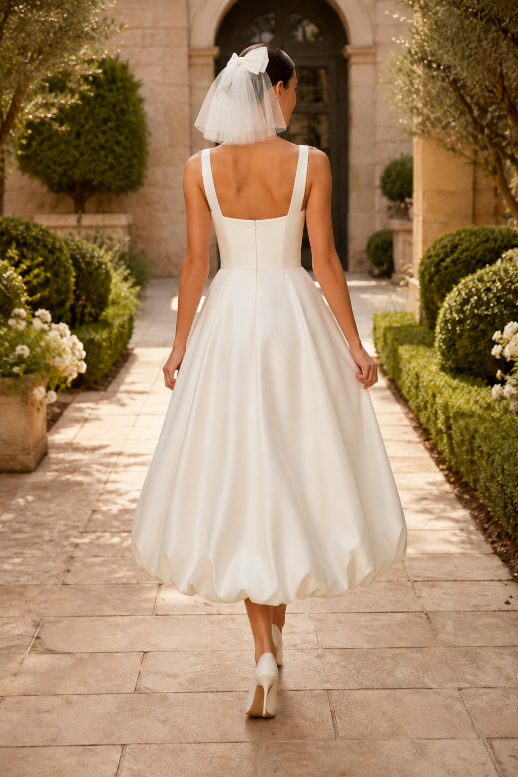 Square Neck Tea Length Satin Wedding Dress back view