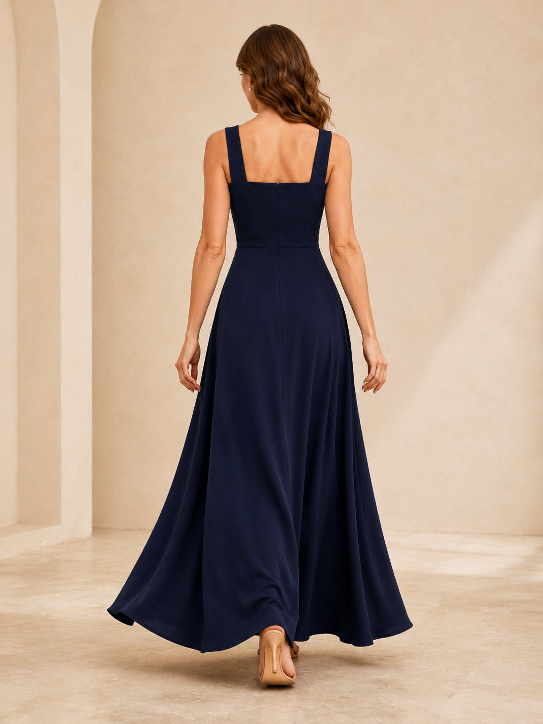 Navy Crepe Square Neck Strap A Line Floor Formal Gown back view