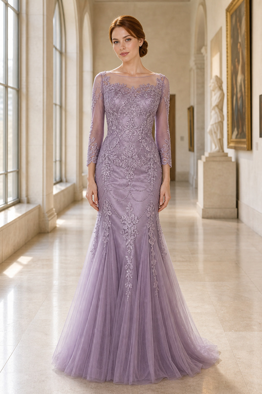 Lavender Bateau Long Sleeve Mermaid Tulle Floor-Length Dress With Sheer Sleeves