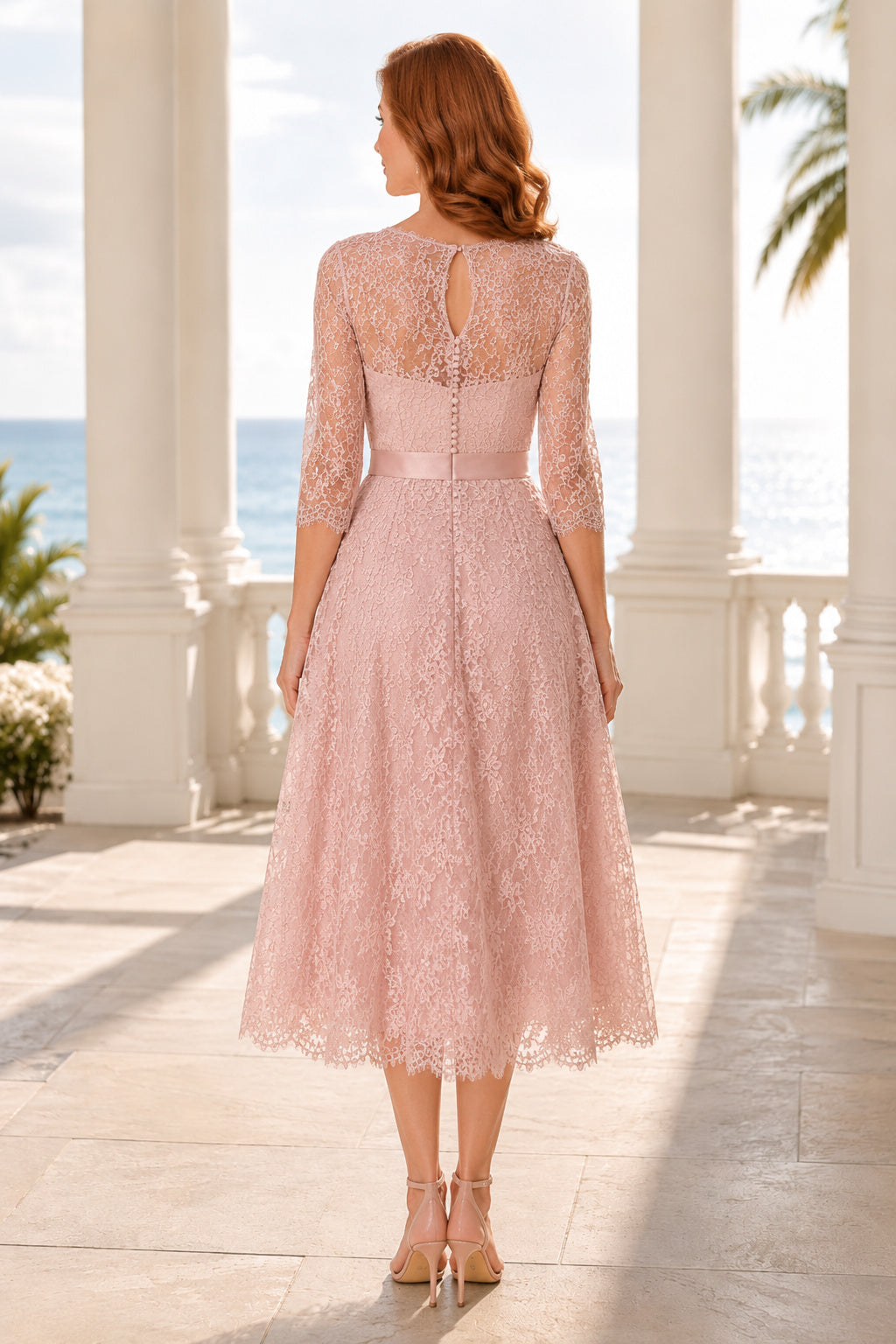Pearl Pink Tea Length Lace A-Line Mother Dress with Three Quarter Illusion Sleeves back view