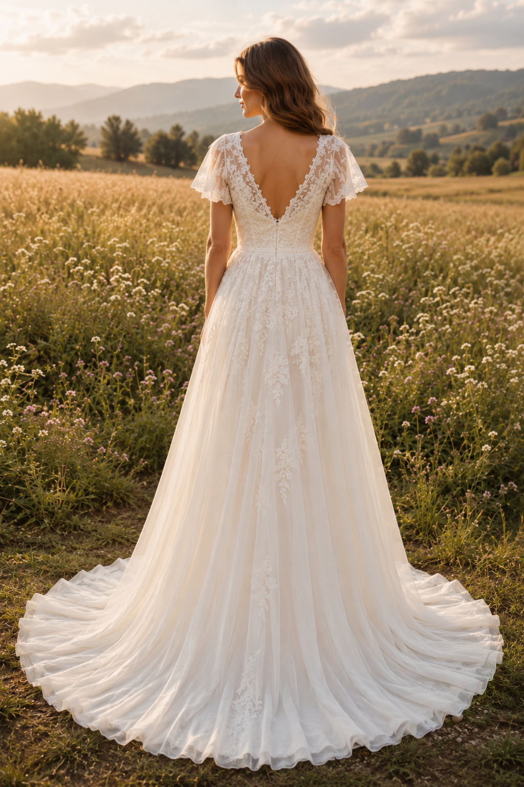 Ivory V-Neck Flutter Sleeve Lace A-Line Wedding Dress with Soft Tulle Train back view