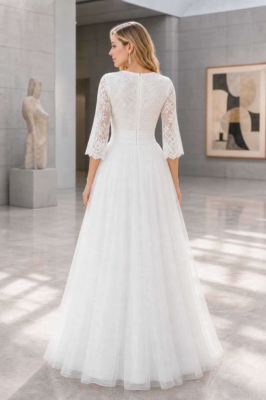 Ivory Scoop Short Sleeves A-Line Satin Floor-length Wedding Dress With Floral Appliques and Front Slit and Open Back