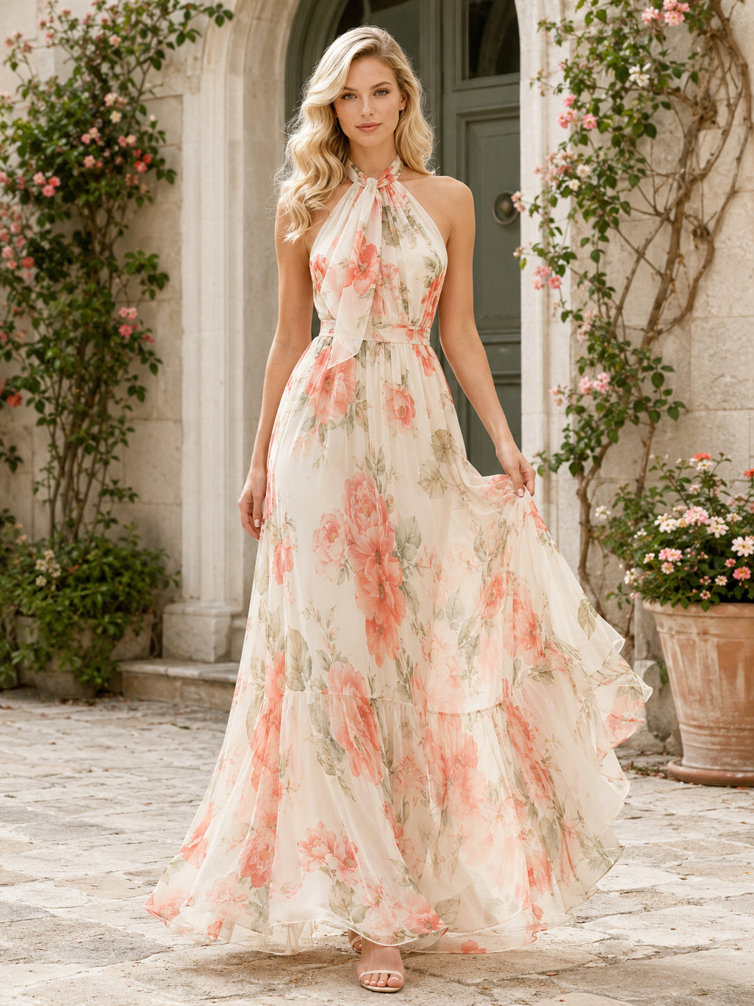 Watercolor Floral Halter Neck Chiffon Summer Maxi Dress front view