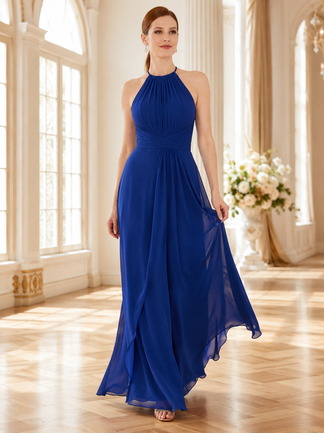 Royal Blue Halter Keyhole Chiffon Flowing Gala Gown front view
