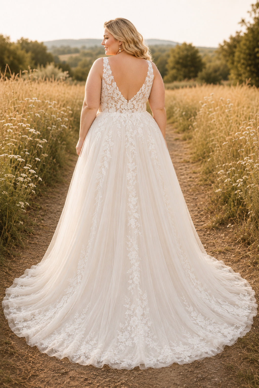 Plus Size Ivory V-Neck Strap Sleeveless Lace Tulle A-Line Wedding Dress with Floral Lace Appliques and Sweep Train back view