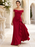 Red Off-the-shoulder Waterfall Ruffle Evening Gown front view