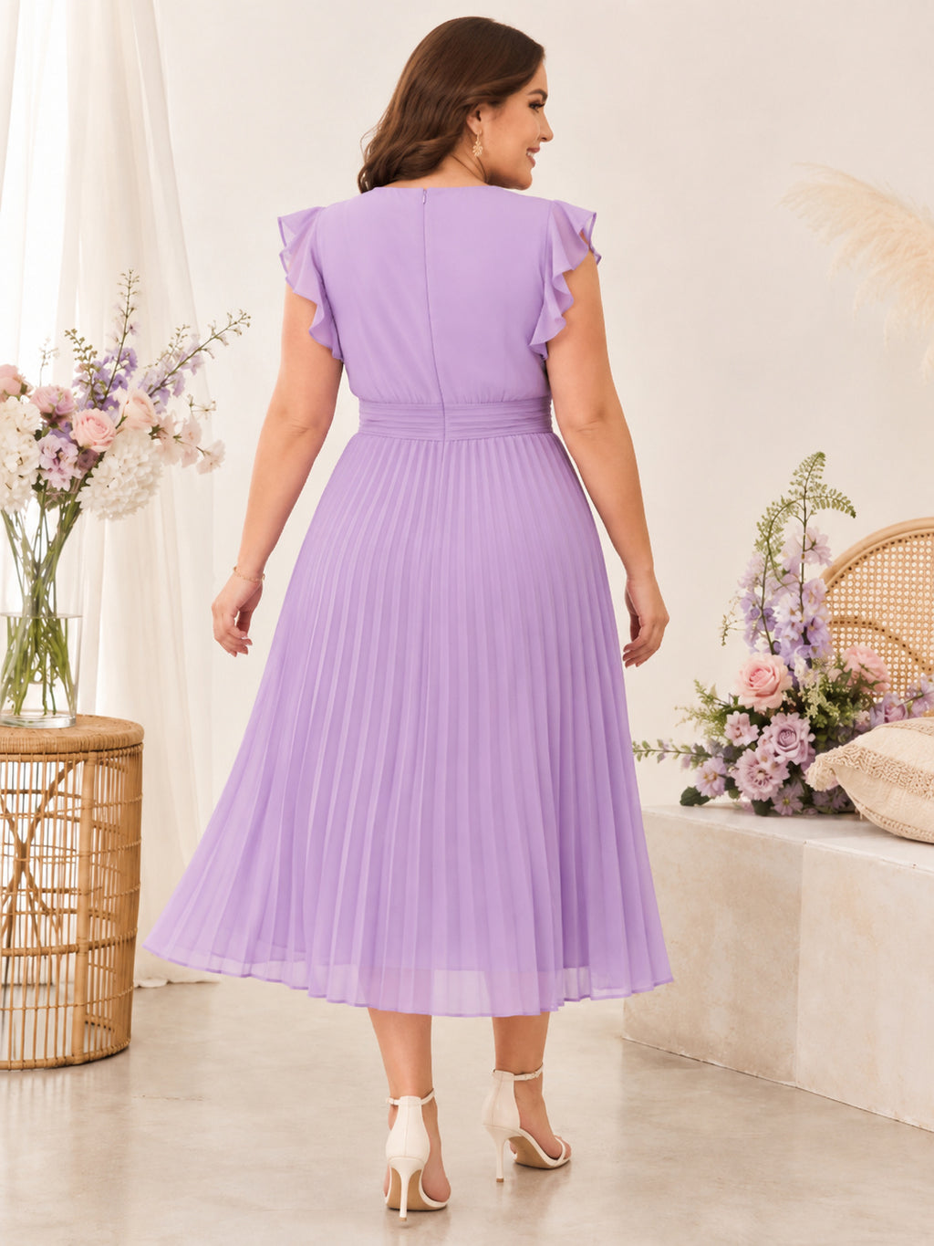 Lavender Plus Size Maternity V-Neck Flutter Sleeve Pleated Chiffon Tea-Length Dress back view