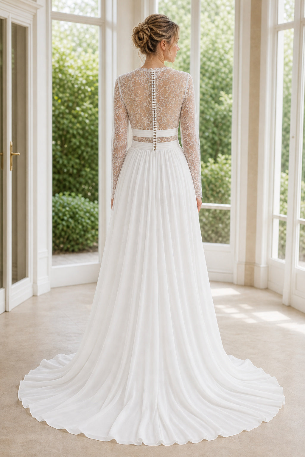White Illusion A-Line Crepe Floor-length Wedding Dress With Front Slit and Beaded Waist
