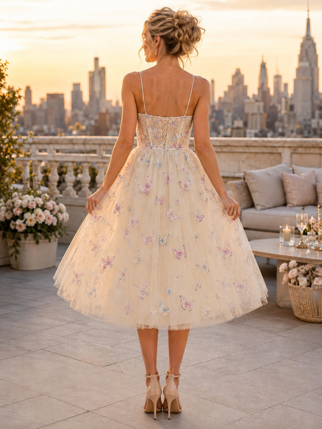 Champagne Butterfly Print Tulle Rooftop Cocktail Midi Dress back view
