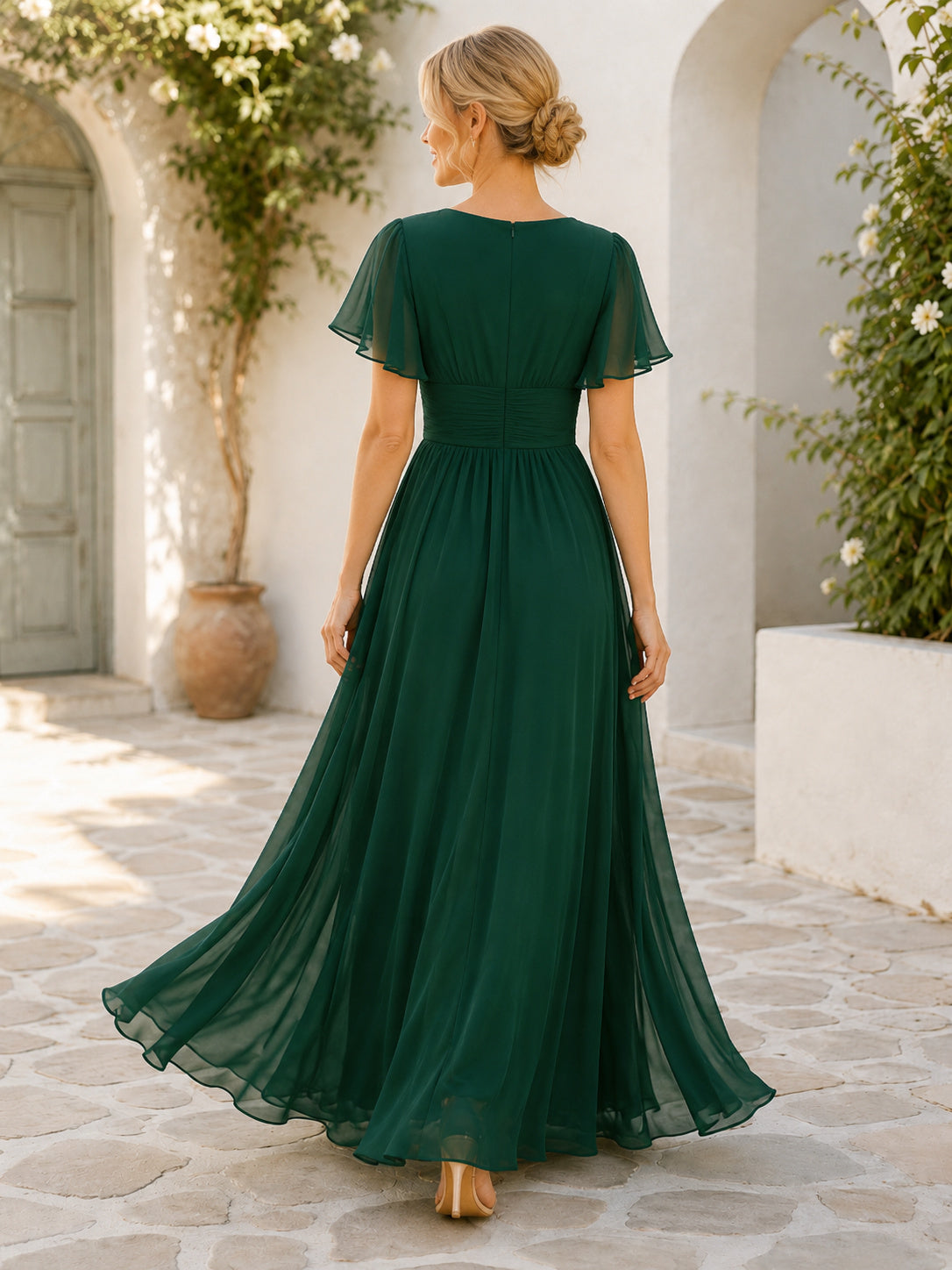 Dark Green V-neck Cutout Chiffon Midi Dress back view