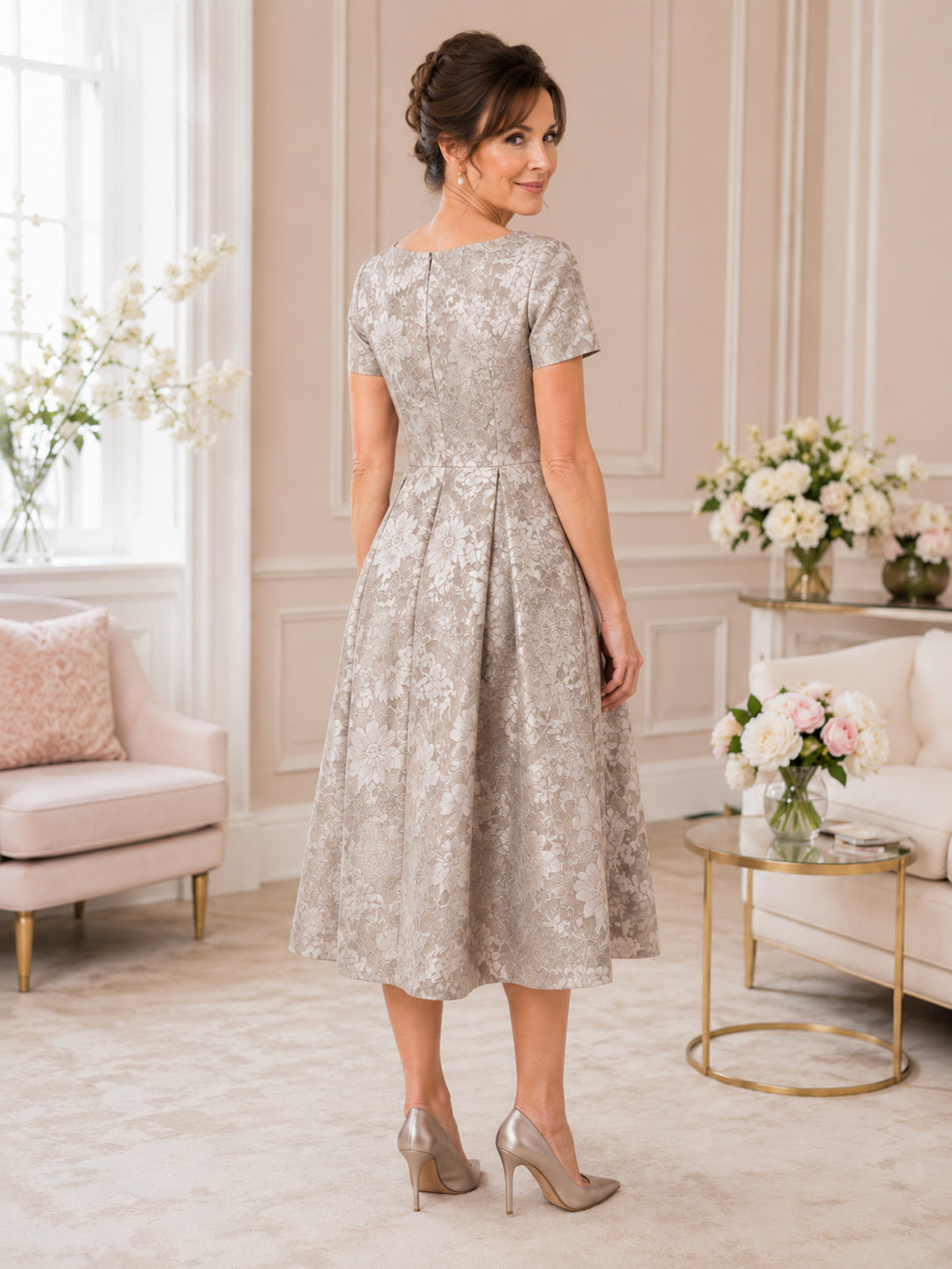 Petite Silver Floral Vintage Mother Dress Bateau Short Sleeve Structured A-Line Taffeta Tea-Length Formal Gown back view
