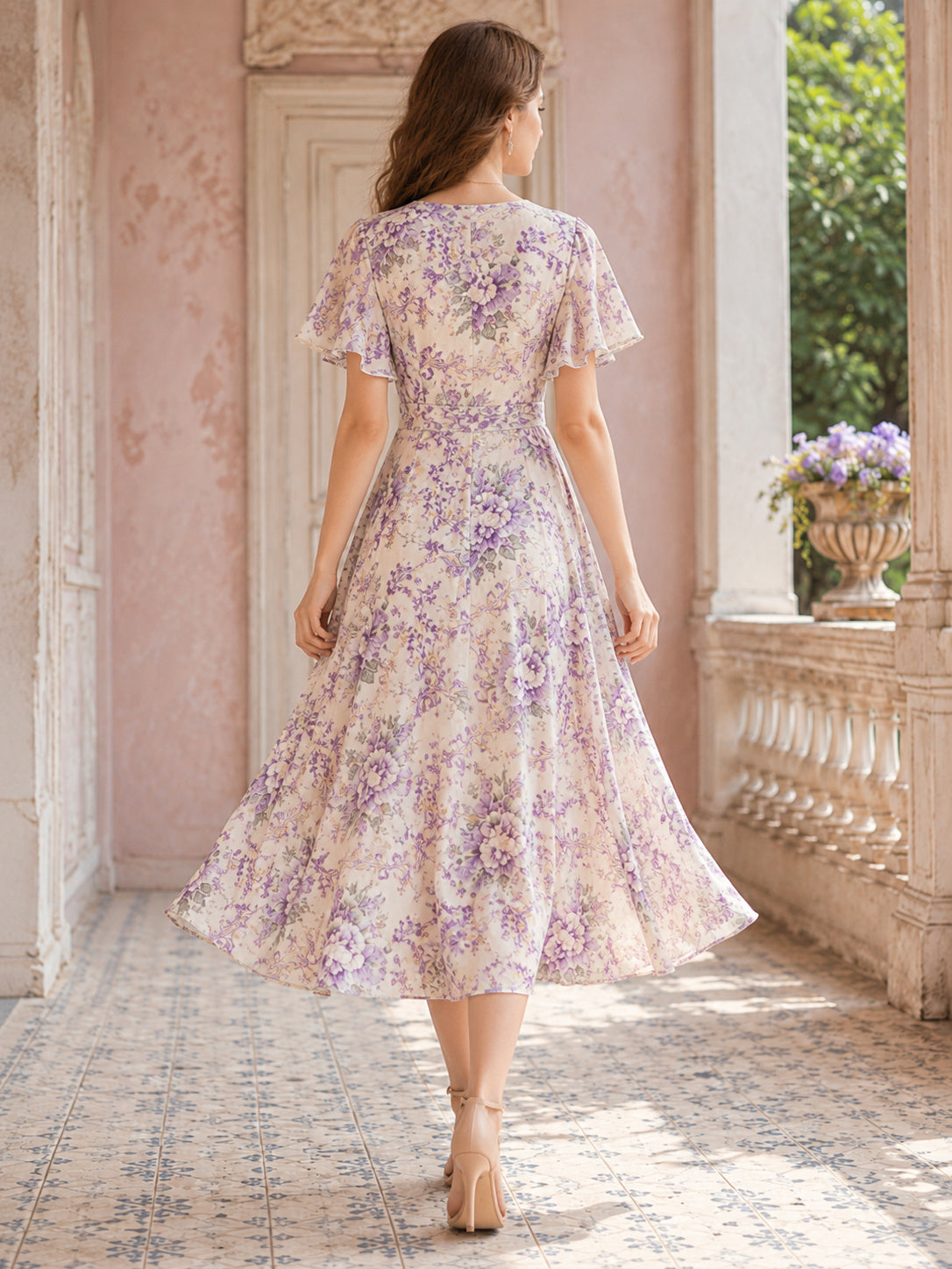 Lavender Wallpaper Floral Wrap Flutter Sleeve Midi Dress back view