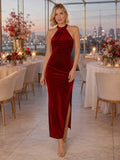 Red Velvet Halter High Neck Slit Evening Column Dress front view