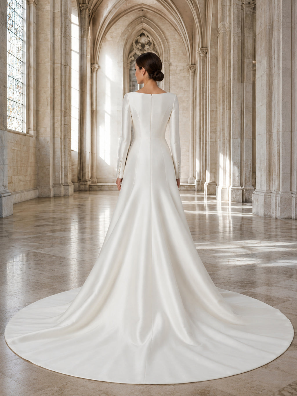 Minimalist Satin Wedding Dress A-Line Bateau Neck Long Sleeve Court Train Bridal Gown back view
