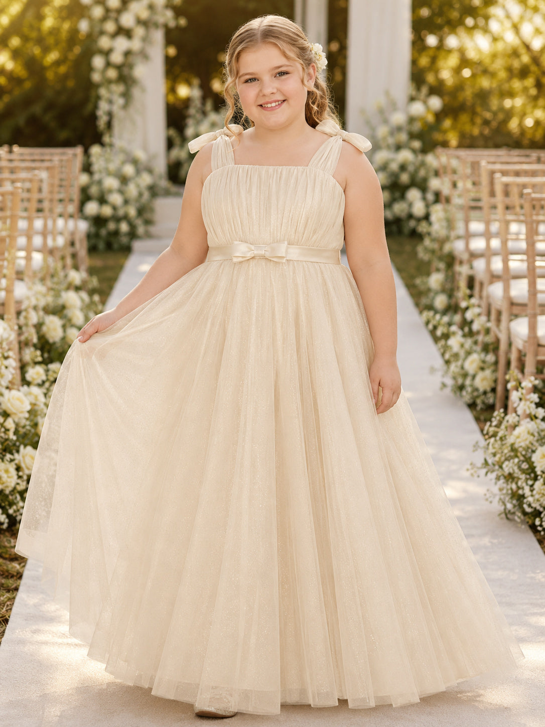 Flower Girl Dress Ivory Tulle Satin A-Line Square Neck Floor Length Sash Detail front view