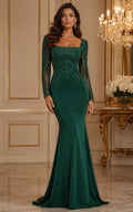 Emerald Green Crystal Beaded Long Sleeve Evening Gown Square Neck Mermaid Dress front view