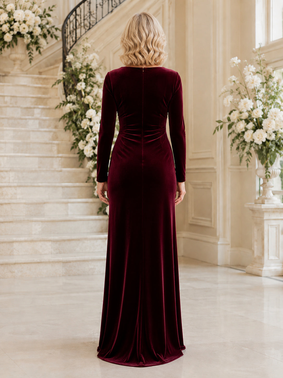 Burgundy velvet high neck long sleeve sheath mother gown back view