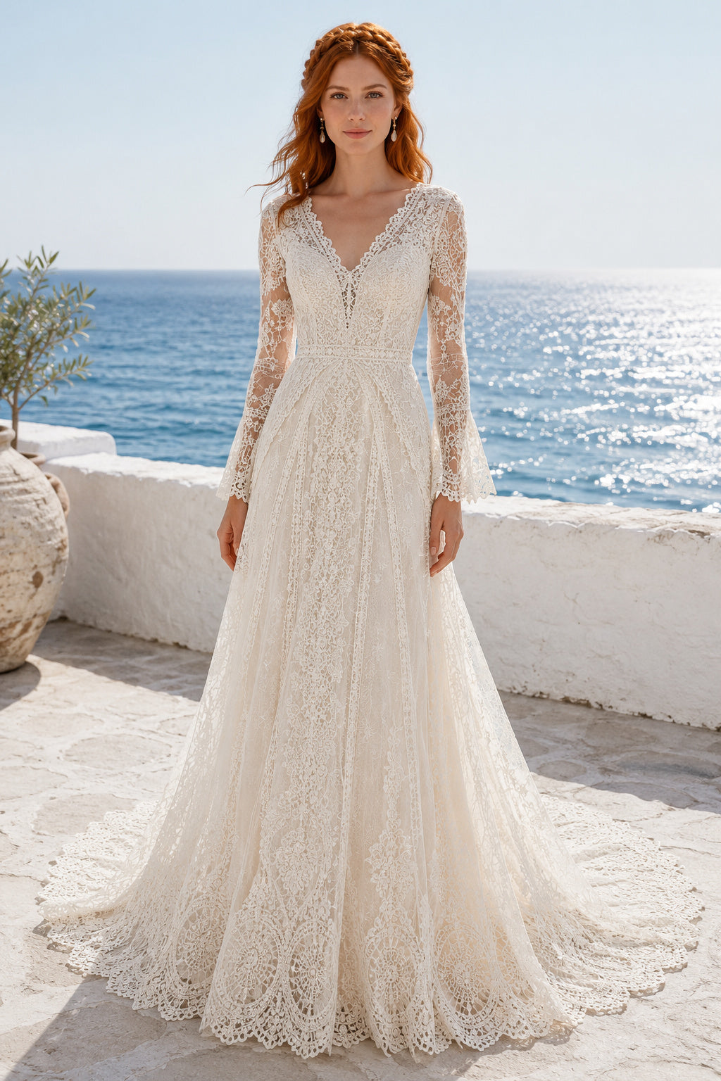 Ivory Long Sleeve V-Neck Lace A-Line Wedding Dress Chapel Train for Bridal Ceremony and Reception front view