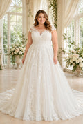 Ivory Plus Size Jewel Neck Illusion Lace A-Line Wedding Dress with Full Skirt and Train front view