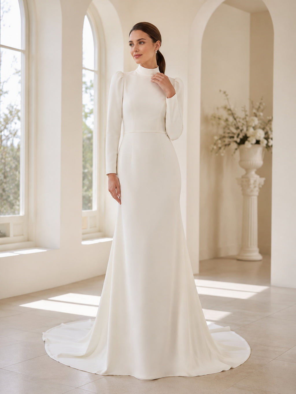 Minimalist Stretch Satin Wedding Dress Mermaid High Neck Long Sleeve Sweep Train Bridal Gown front view