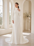 Minimalist Stretch Satin Wedding Dress Mermaid High Neck Long Sleeve Sweep Train Bridal Gown front view
