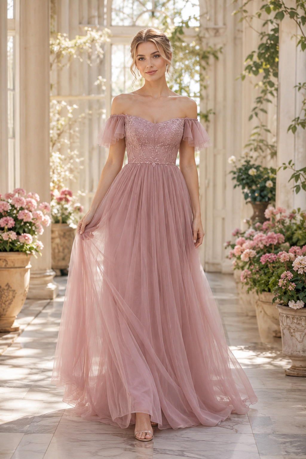 Dusty Rose Off Shoulder Ruffle Sleeve Bodice with Tulle Skirt Floor Length A-Line Prom Dress front view