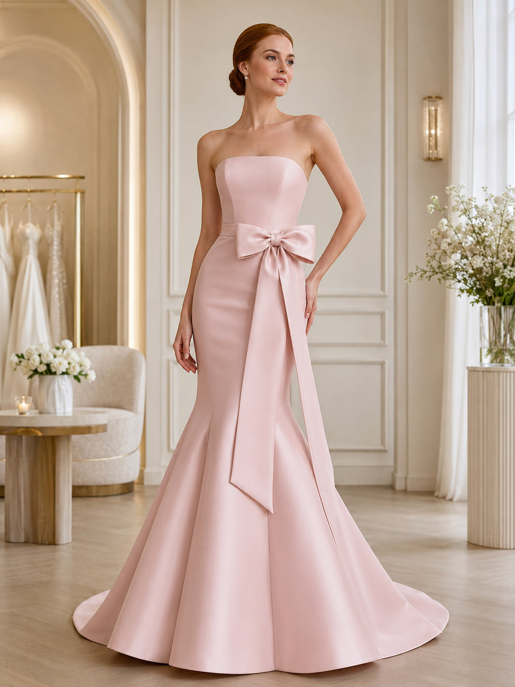 Blush Strapless Side Bow Satin Mermaid Sweep Train Wedding Gown front view