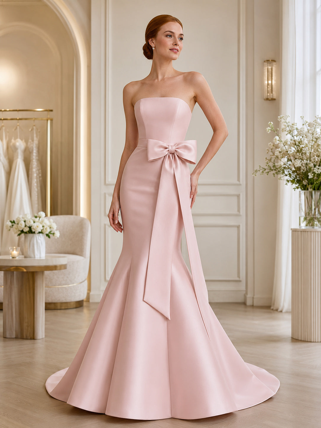 Blush Strapless Side Bow Satin Mermaid Sweep Train Wedding Gown front view
