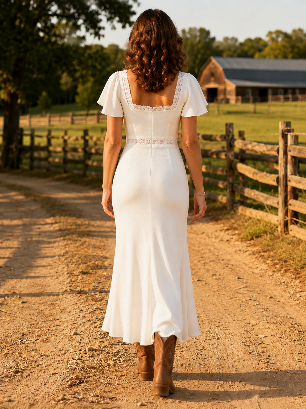 Simple Satin Sheath Square Neck Short Sleeve Tea-Length Wedding Dress back view