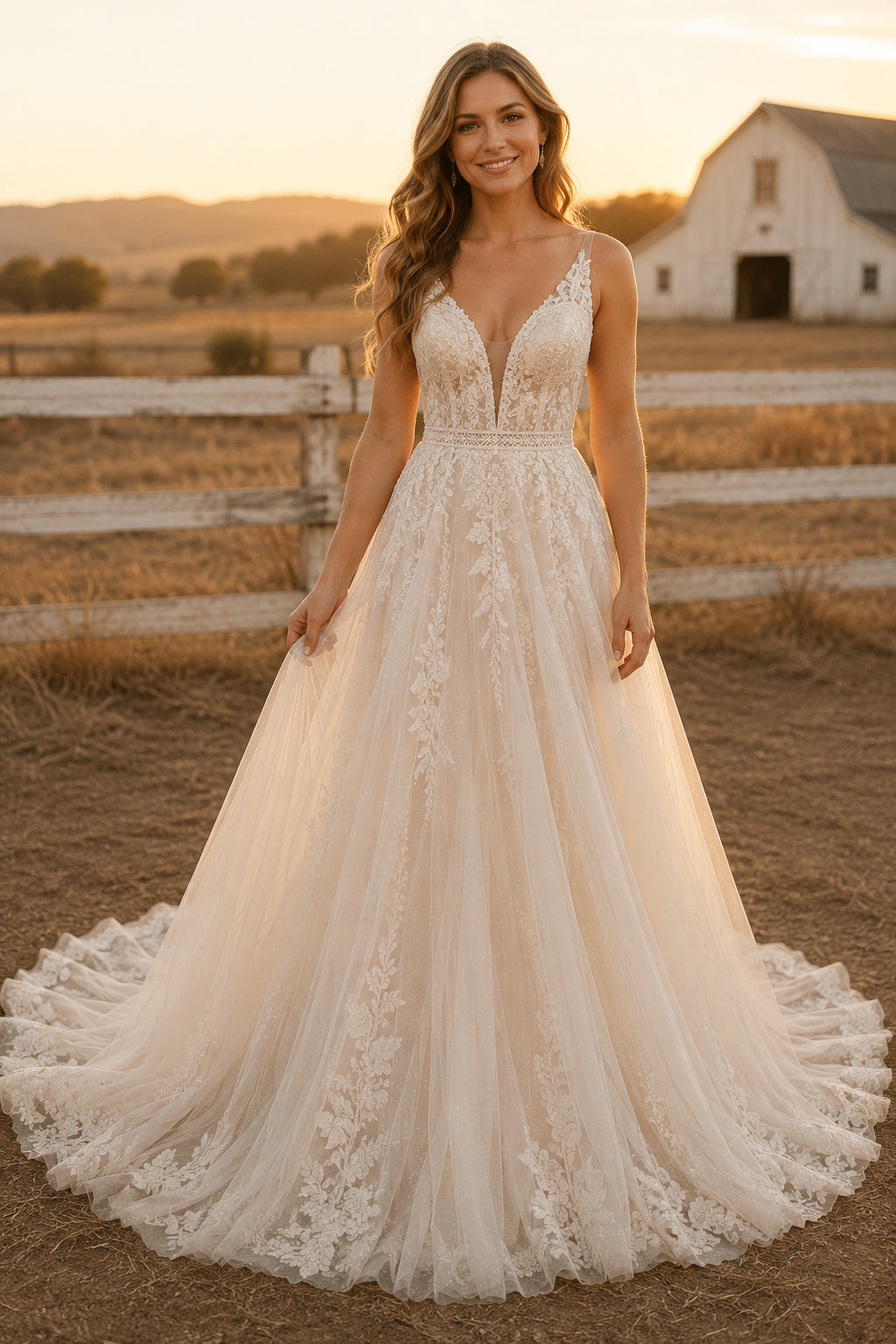 V-Neck Strap A-Line Wedding Dress with Lace Bodice and Scalloped Sweep Train for Rustic Garden Ceremony front view