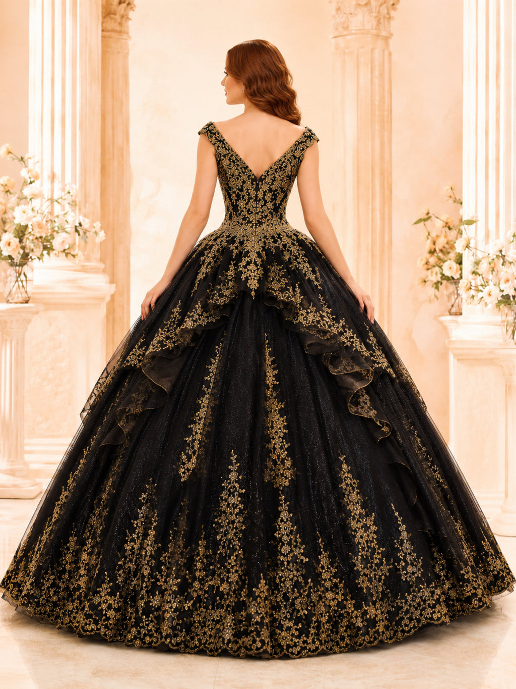 Black Gold V Neck Straps Layered Embroidered Luxury Quinceanera Princess Ball Gown back view