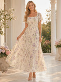 Ivory Floral Square Neck Puff Sleeve Ankle Guest Dress front view
