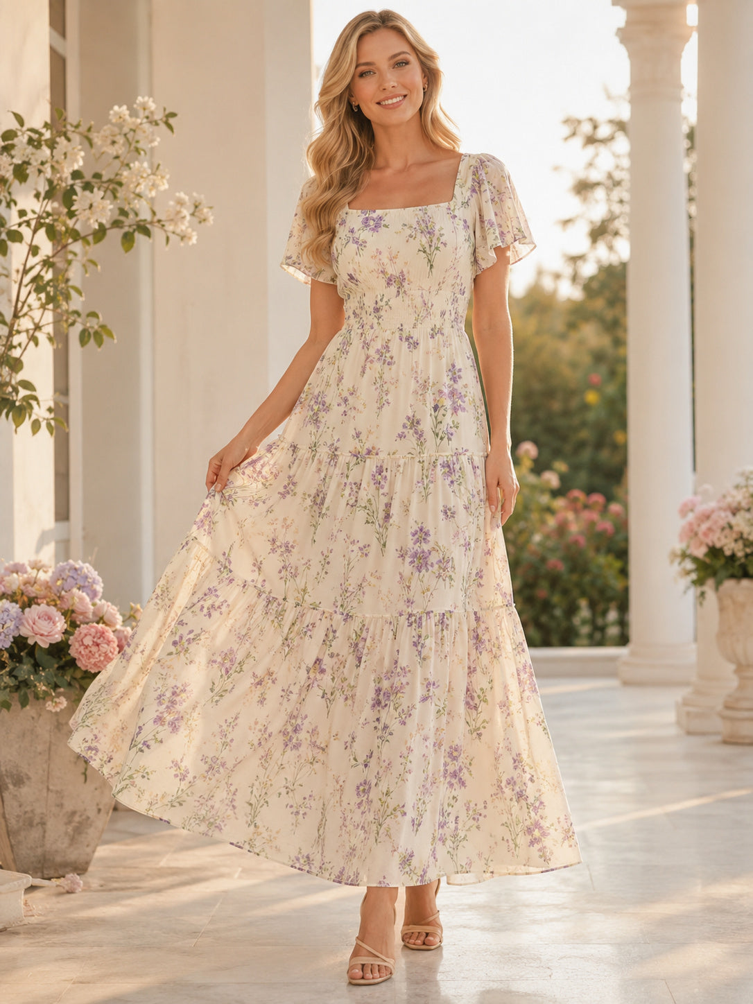 Ivory Floral Square Neck Puff Sleeve Ankle Guest Dress front view