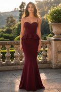 Burgundy Strapless Floor-Length Peplum Mermaid Dress