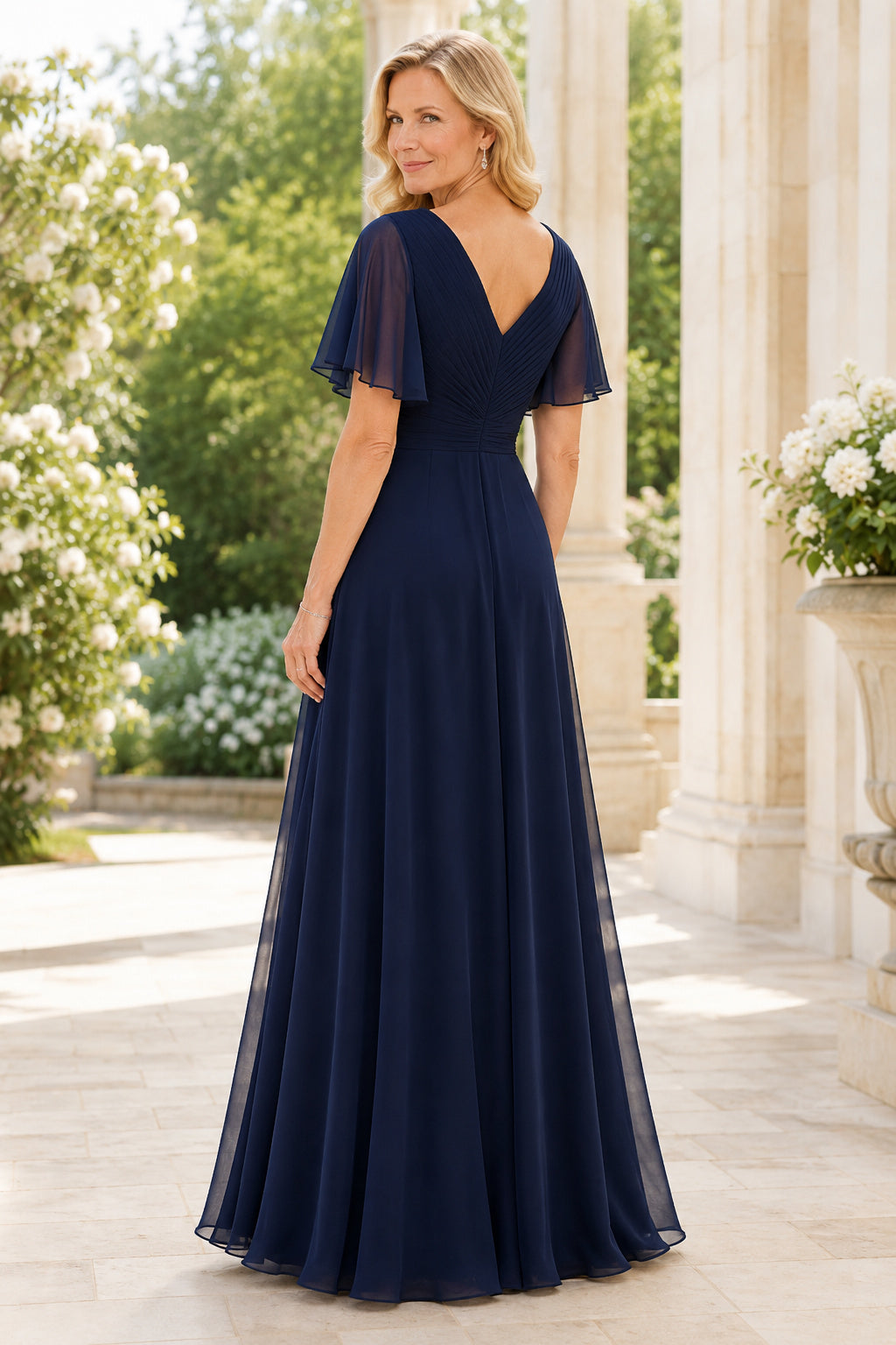 Dark Navy V-Neck Chiffon A-Line Mother Dress with Flutter Sleeves and Beaded Side back view