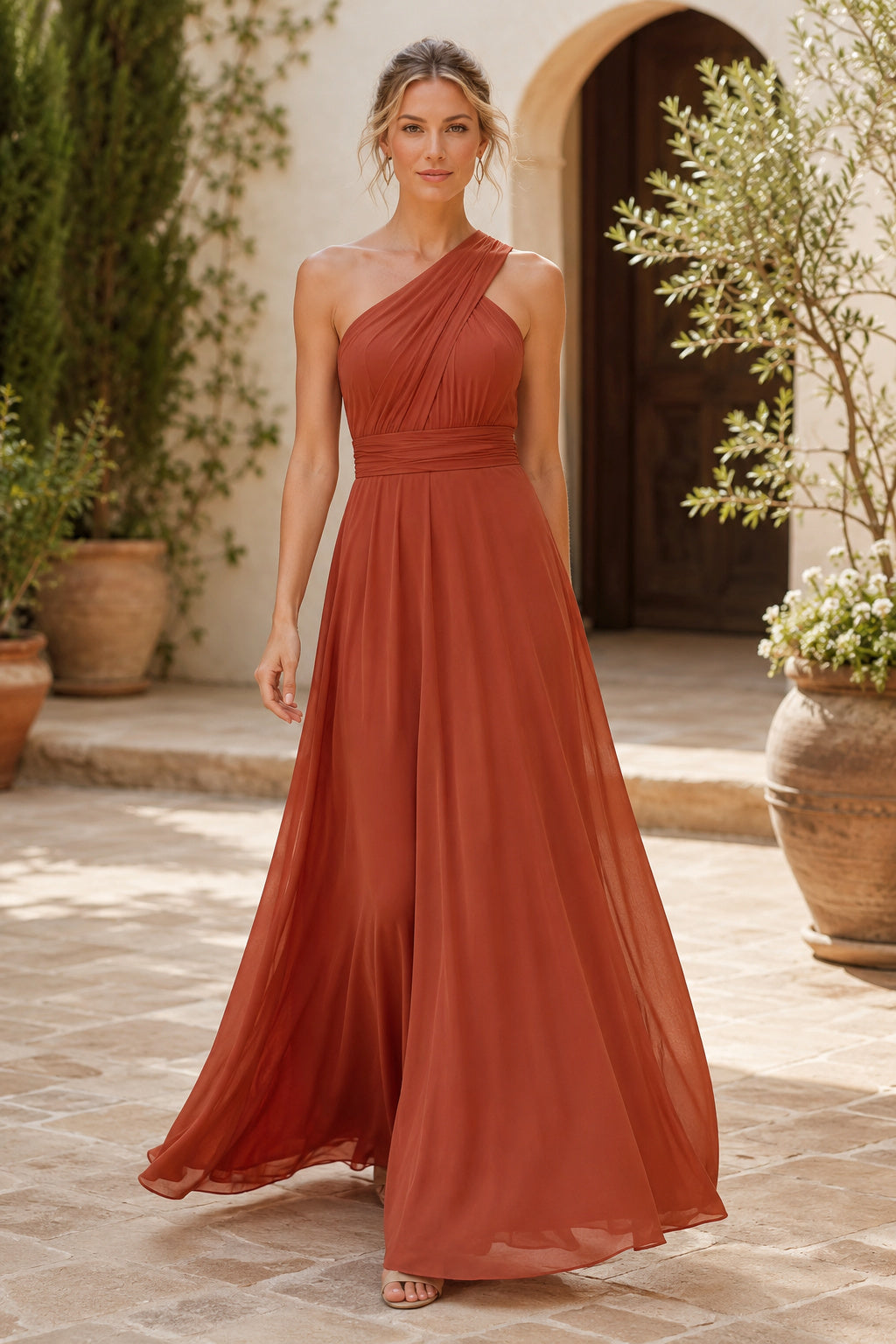 Orange One-Shoulder Chiffon A-Line Bridesmaid Dress with Criss Cross Open Back front view