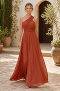 Orange One-Shoulder Chiffon A-Line Bridesmaid Dress with Criss Cross Open Back front view