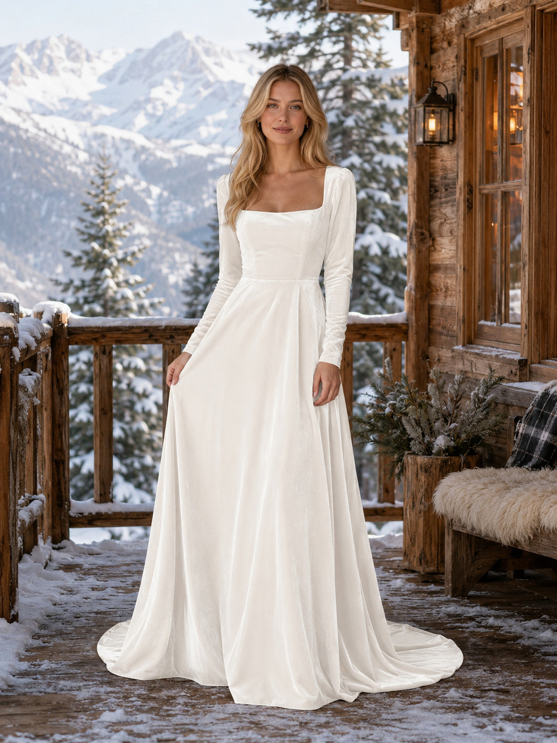 Square Neck Long Sleeve Winter Cabin Satin Elopement Gown front view
